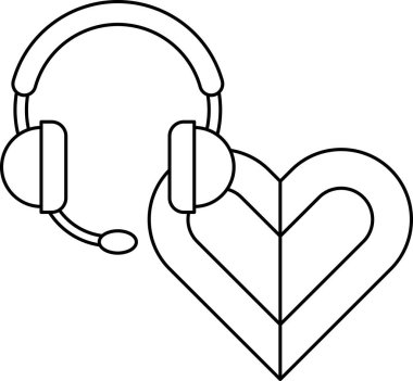 Üzerinde kulaklık olan basit bir kalp çizimi. Çizim siyah beyaz ve minimalist bir tarzı var.