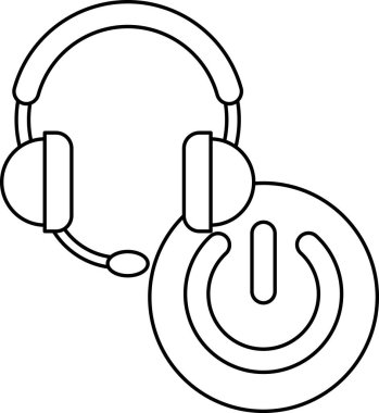 Siyah beyaz çizimde bir çift kulaklık ve bir düğme gösteriliyor. Kulaklıklar, resmin sağ tarafında yer alan düğmenin üzerine yerleştirilmiş.