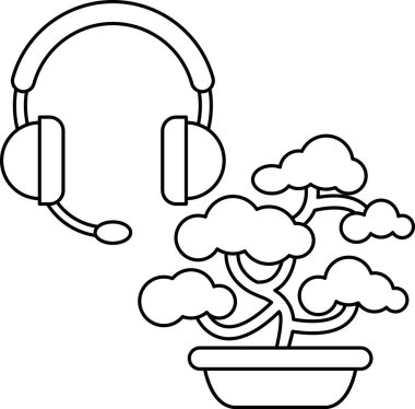 Kulaklık takan ve saksıya bitki koyan birinin resmi. Çizim siyah beyaz ve basit, minimalist bir stile sahip.