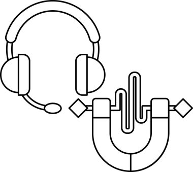 İki kulaklık gösteriliyor, birinde mikrofon, diğerinde mikrofon ve hoparlör var. Kulaklıklar siyah beyaz.