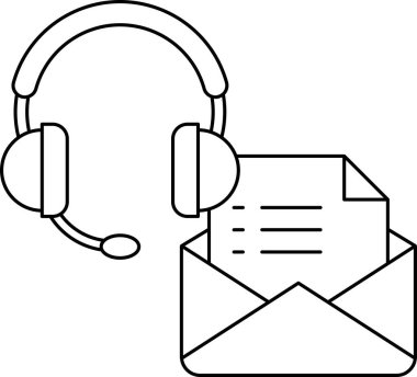 Siyah beyaz bir kulaklık ve içinde bir parça kağıt olan bir zarf. Çizim, iletişim fikrini ve yazılı mesajların önemini aktarıyor.