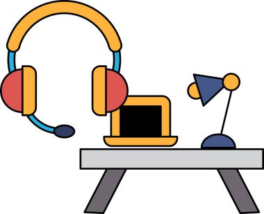 Bilgisayarı, lambası ve kulaklığı olan bir masa. Masa çalışmak ya da çalışmak için hazırlandı.