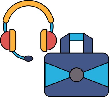 Siyah beyaz bir kulaklık ve evrak çantası çizimi. Evrak çantası açık ve kulaklık üstünde.