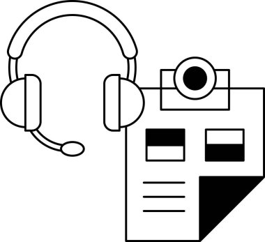 Bir kulaklığın beyaz ve siyah bir görüntüsü ve siyah arkaplanı olan bir pano. Profesyonel ortam kavramı, muhtemelen bir çağrı merkezinde ya da benzer bir çevrede. Kulaklık kullanımı.