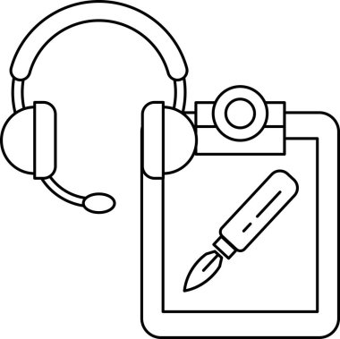 Kalem ve kulaklıkla bir panonun beyaz ve siyah çizimi. Pano masanın üstünde.