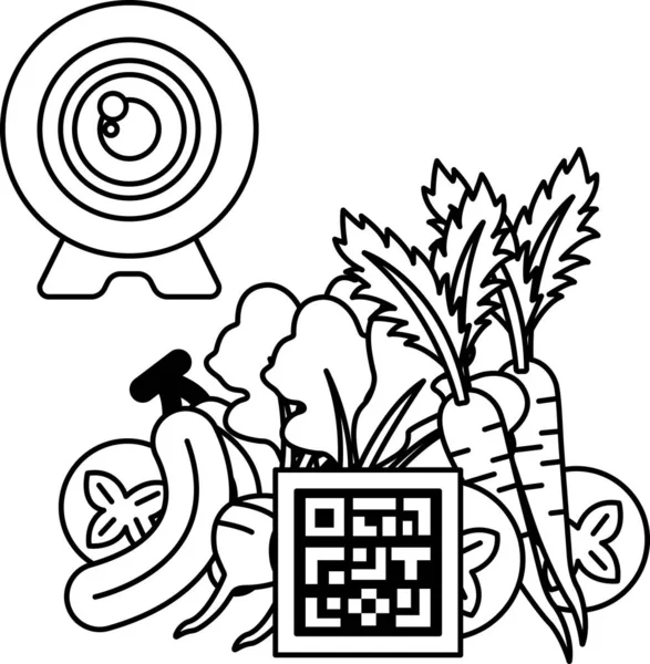 Arka planda sebze bahçesi olan bir kameranın siyah beyaz çizimi. Kamera sebzeleri gösteriyor ve sebzeler bahçenin etrafına saçılmış.