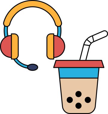 Bir pipet ve bir çift kulaklık ile bir fincan beyaz ve siyah çizim. Kulaklıklar bardağın sol tarafında ve pipet de sağ tarafında. Rahatlama ve rahatlama kavramı