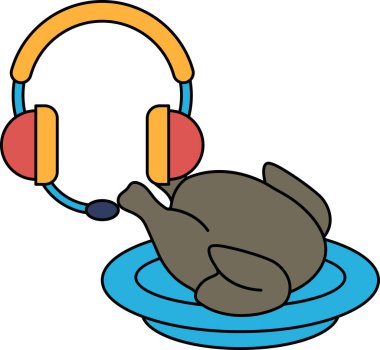 Üstünde kulaklık olan bir tabakta bir tavuk resmi. Kulaklıklar siyah beyaz.