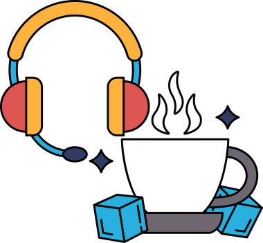 Üzerinde kulaklık olan bir fincan kahvenin siyah beyaz çizimi.