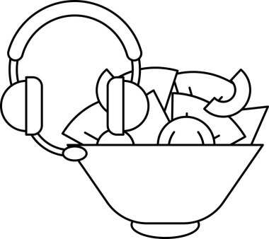 Üstünde bir çift kulaklık olan bir kase yiyecek. Kase bir muz, bir havuç ve bir parça brokoli de dahil olmak üzere çeşitli besin maddeleriyle dolu.