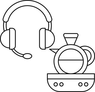 Siyah beyaz bir kulaklık ve çaydanlık çizimi. Çaydanlık kulaklığın yanındaki masada oturuyor.