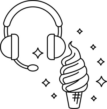 Kulaklık takan ve külahta dondurma kepçesiyle mikrofon takan birinin karikatürü.