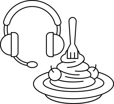 Üstünde çatal ve kulaklık olan bir tabak spagetti. Kulaklık iletişimin sembolü ve çatal da yemek yemenin sembolü. Diğerlerine bağlı kalarak yemekten zevk alma kavramı
