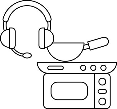 Sobası, tavası ve kulaklığı olan bir mutfağın siyah beyaz çizimi.