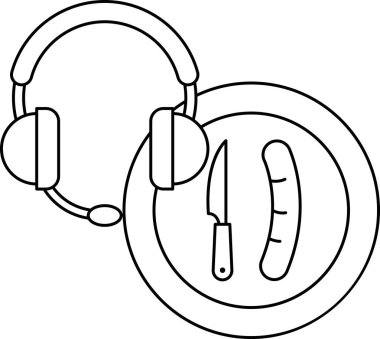 Üzerinde bıçak ve sosisli olan siyah beyaz bir tabak çizimi. Plaka, üzerinde kulaklık olan bir daire ile çevrili.