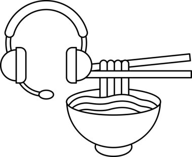 Çubuklu bir kase erişte ve kulaklık. Kulaklık kasenin üstüne yerleştirildi.