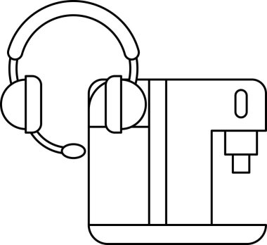 Bir kulaklığın beyaz ve siyah çizimi ve beyaz ve siyah arkaplanı olan bir kutu.
