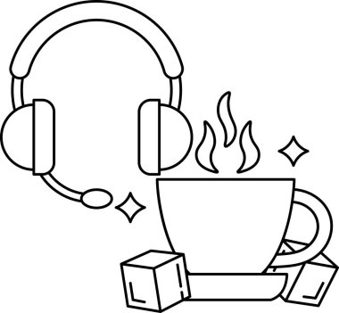 Üzerinde kulaklık olan bir fincan kahvenin siyah beyaz çizimi.