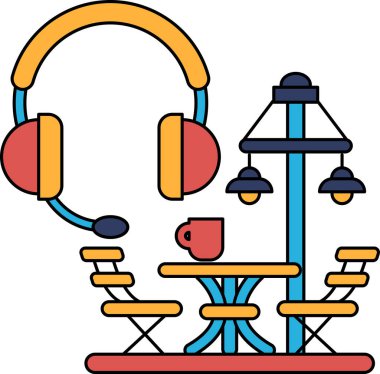 İçinde masa, sandalye, bardak ve mikrofon olan siyah beyaz bir veranda çizimi.