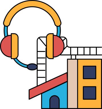 Kulaklık takan birinin olduğu bir binanın karikatür çizimi. Çizim siyah beyaz.