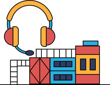 Arkasında bina olan bir bina ve kulaklık takan biri. Bina çok pencereli büyük bir binadır.