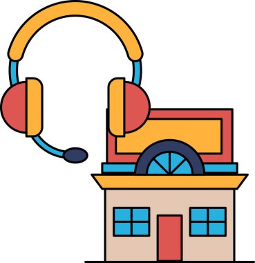 Yanı başında bina ve üstünde kulaklık olan bir ev. Ev beyaz ve bina da beyaz.