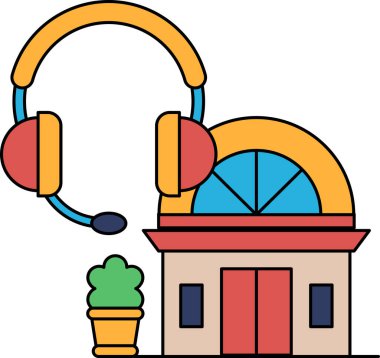 Beyaz kapısı ve penceresi olan bir bina. Binanın önünde küçük bir fabrika var. Görüntünün sol tarafında bir çift kulaklık var.