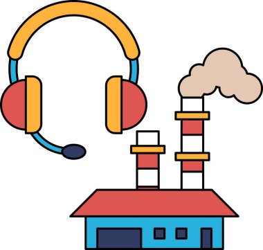 Evi ve kulaklığı olan bir fabrikanın siyah beyaz çizimi. Kulaklıklar fabrikanın üstünde ve ev de arka planda. Sahne sakin ve huzurlu, kulaklıklar gibi.