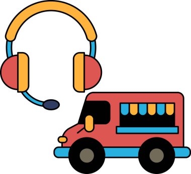 Üzerinde mikrofon ve kulaklık olan siyah beyaz bir kamyon çizimi. Kamyon bir binanın yanına park edilmiş.