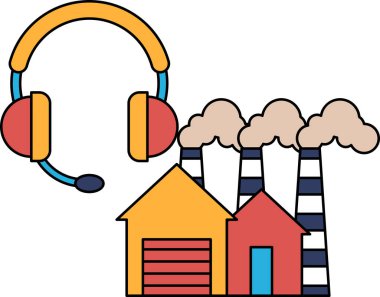 Evin tepesinde kulaklığı olan bir ev ve fabrika gösteriliyor. Ev küçük ve fabrika büyüktür. Yakınlarda yerleşim bölgesi olan yoğun bir sanayi bölgesi kavramı