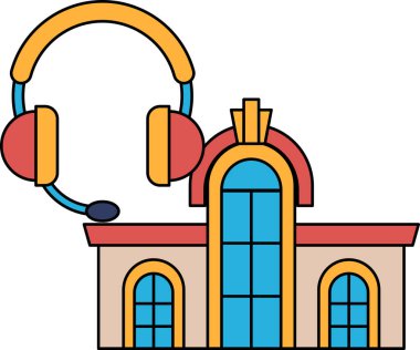 Üzerinde mikrofon ve kulaklık olan bir bina. Bina bir otel. Kulaklık ve mikrofon bir radyo istasyonu için.