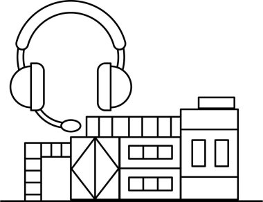 Arkasında bina olan bir bina ve kulaklık takan biri. Bina çok pencereli büyük bir binadır.