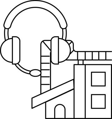 Kulaklık takan birinin olduğu bir binanın karikatür çizimi. Çizim siyah beyaz.