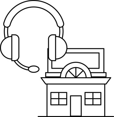 Yanı başında bina ve üstünde kulaklık olan bir ev. Ev beyaz ve bina da beyaz.