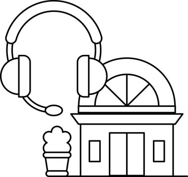 Beyaz kapısı ve penceresi olan bir bina. Binanın önünde küçük bir fabrika var. Görüntünün sol tarafında bir çift kulaklık var.