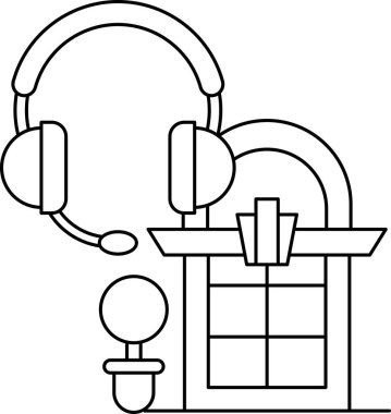 Siyah beyaz bir mikrofon çizimi, bir bebek şişesi ve bir çift kulaklık. Çizim, nostalji hissini ve klasik bir kayıt stüdyosu fikrini aktarıyor.