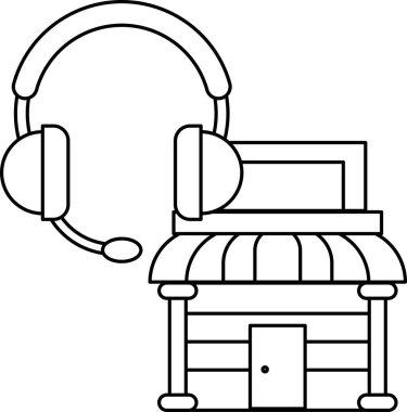 Binası ve kulaklığı olan bir dükkan. Dükkanın önü kapısı ve penceresi olan küçük bir bina. Kulaklık görüntünün sol tarafında.