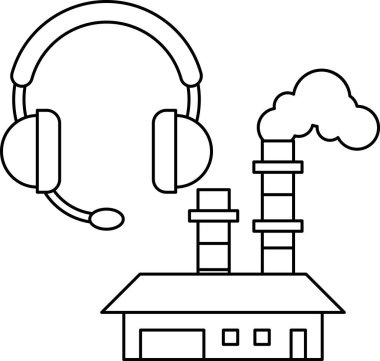 Evi ve kulaklığı olan bir fabrikanın siyah beyaz çizimi. Kulaklıklar fabrikanın üstünde ve ev de arka planda. Sahne sakin ve huzurlu, kulaklıklar gibi.