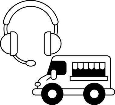 Üzerinde mikrofon ve kulaklık olan siyah beyaz bir kamyon çizimi. Kamyon bir binanın yanına park edilmiş.