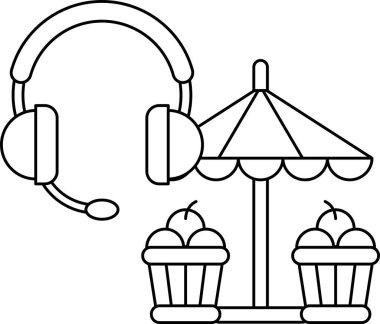 Kulaklık ve şemsiye takan birinin karikatür çizimi. Şemsiye bir sepet meyvenin üzerindedir ve sepette iki elma vardır.