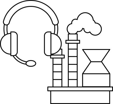 Büyük bir bacası ve kulaklığı olan bir fabrikanın siyah beyaz çizimi. Çizim, fabrikada çalışan bir işçinin çalışırken kulaklık takması fikrini ortaya koyuyor.