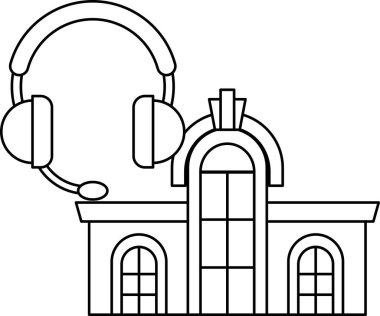 Üzerinde mikrofon ve kulaklık olan bir bina. Bina bir otel. Kulaklık ve mikrofon bir radyo istasyonu için.