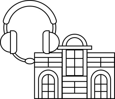 Üzerinde büyük bir pencere ve bir çift kulaklık olan bir bina. Kulaklıklar binanın tepesine yerleştiriliyor ve bina pencerelerle çevrili. Yaratıcılık ve yenilik kavramı