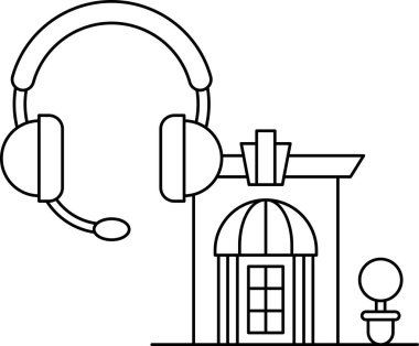 Yanı başında bina ve çatısında mikrofon olan bir ev. Mikrofon bir kulaklığa bağlı.