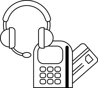 Bir telefon, kulaklık ve kredi kartı siyah beyaz çizimde gösteriliyor. Profesyonel ortam kavramı, muhtemelen bir çağrı merkezinde ya da ofiste.