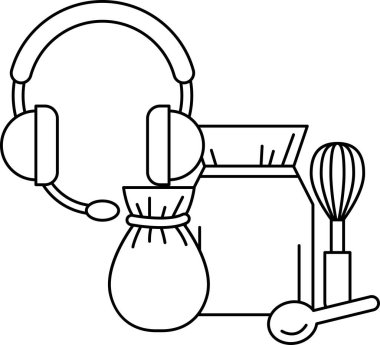Kâse, mikser, torba, kaşık ve mikrofonlu bir mutfağın beyaz ve siyah çizimi.