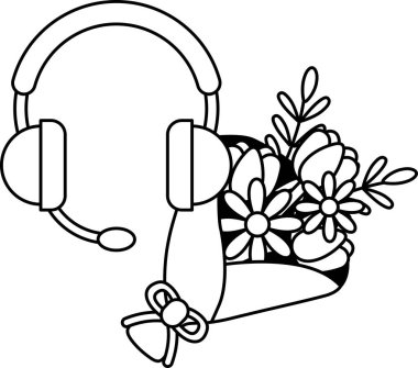 Kulaklık ve kravatlı bir çiçek aranjmanının siyah beyaz çizimi. Düzenleme güller ve papatyalar da dahil olmak üzere çeşitli çiçeklerden oluşur.