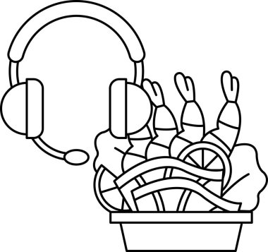 Kulaklık takan bir insan karikatürü ve içinde havuç olan bir kase yemek. Yemek kasesi sebzelerle dolu ve sadece havuç görünüyor.