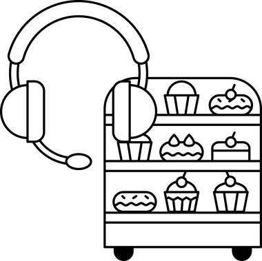 Rafta kulaklığı olan bir fırının beyaz ve siyah çizimi. Kulaklık bir rafta, bir tepsi kekle birlikte.