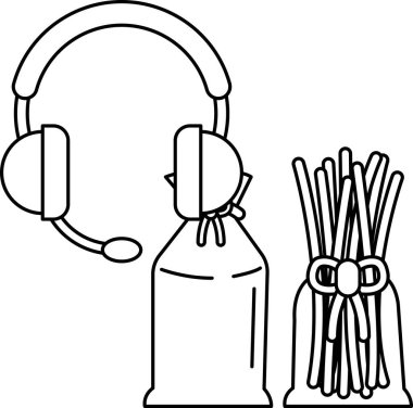 Siyah beyaz bir kulaklık ve bir şişe lastik bant çizimi. Çizim bir organizasyon ve hazırlık hissi veriyor.